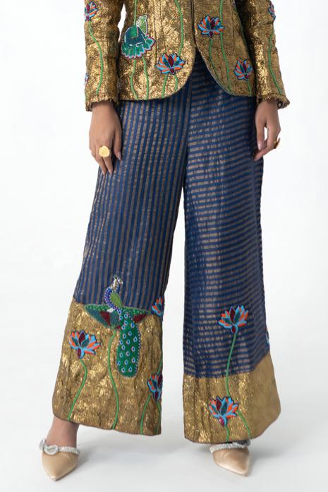 Golden and Blue coloured print Pichwai pants featuring intricate Pichwai motifs in vibrant colours.