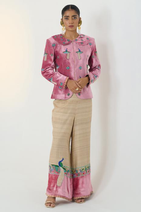 Pink and Beige coloured print Pichwai pants featuring intricate Pichwai motifs in vibrant colours.