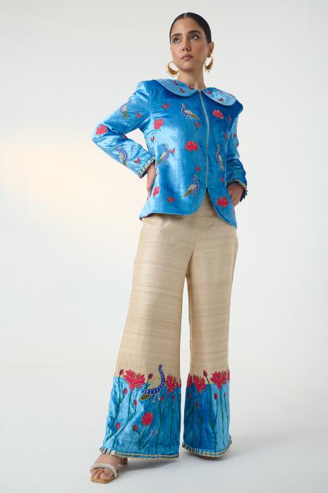 Blue and Beige coloured print Pichwai pants featuring intricate Pichwai motifs in vibrant colours.