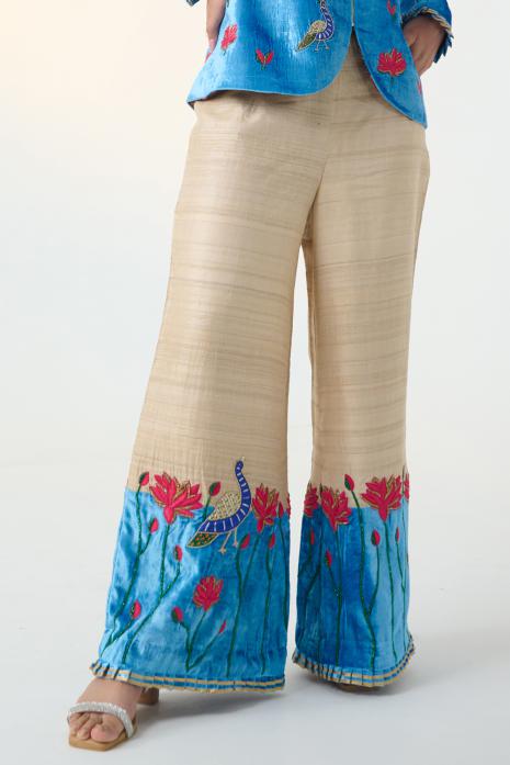 Blue and Beige coloured print Pichwai pants featuring intricate Pichwai motifs in vibrant colours.
