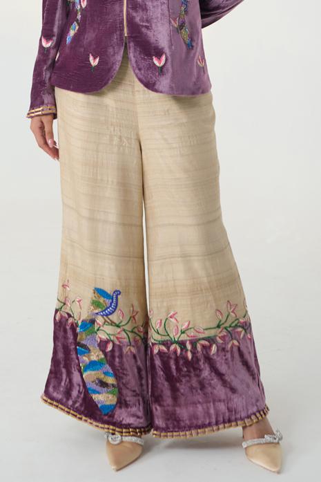 Purple and Beige coloured print Pichwai pants featuring intricate Pichwai motifs in vibrant colours.