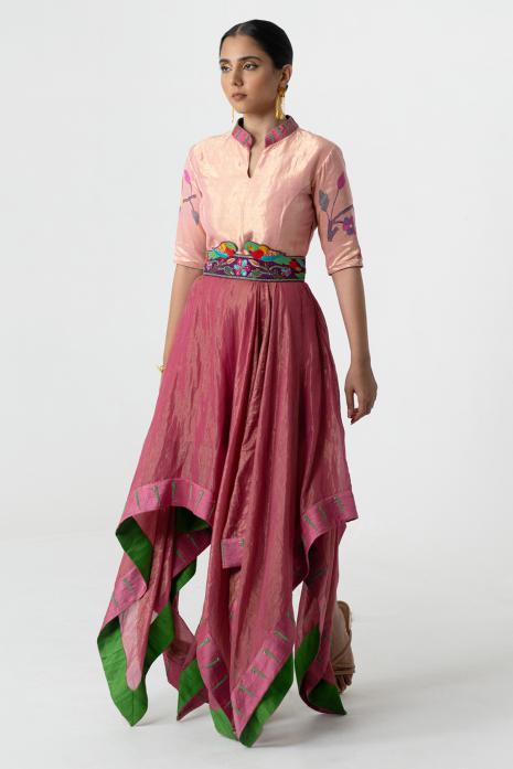 Pink and Red dress intricately woven and hand-embroidered in the Paithani style