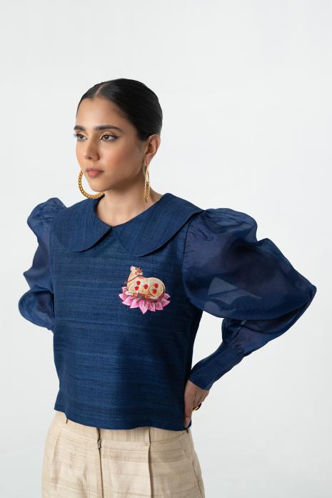 Blue coloured hand-painted & emroidered ghicha & organza fabric Top featuring Intricate Pichwai Motif