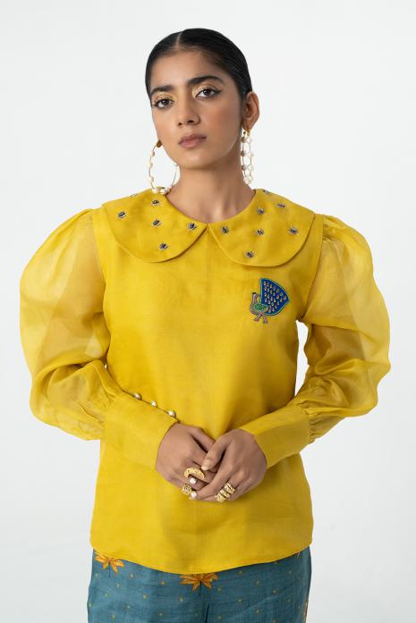 Yellow coloured hand-embroidered organza fabric Top featuring Intricate Pichwai Motifs