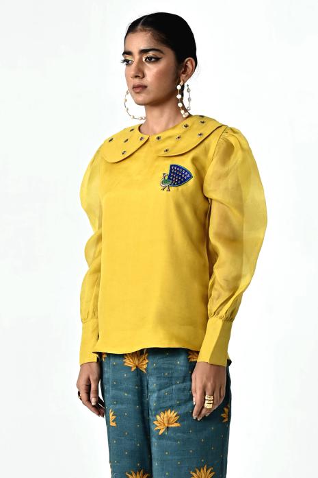 Yellow coloured hand-embroidered organza fabric Top featuring Intricate Pichwai Motifs