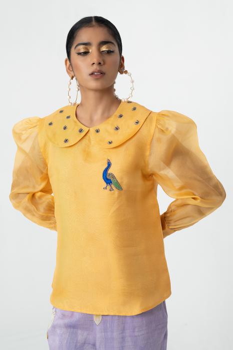 Mustard coloured hand-embroidered organza fabric Top featuring Intricate Pichwai Motifs