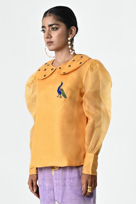 Mustard coloured hand-embroidered organza fabric Top featuring Intricate Pichwai Motifs