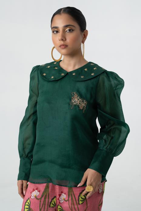 Green coloured hand-embroidered organza fabric Top featuring Intricate Pichwai Motifs
