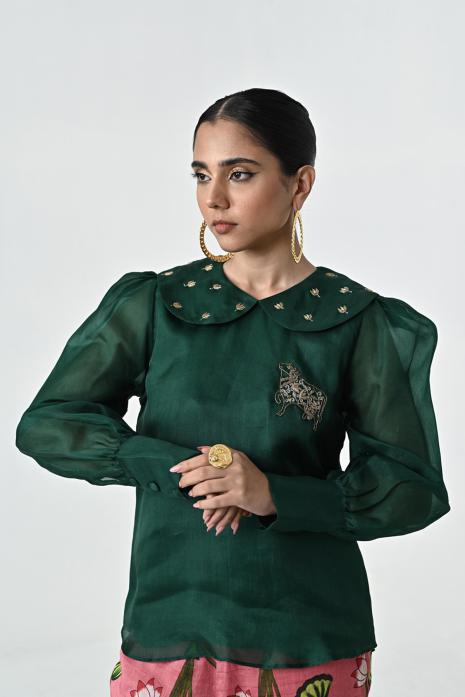 Green coloured hand-embroidered organza fabric Top featuring Intricate Pichwai Motifs