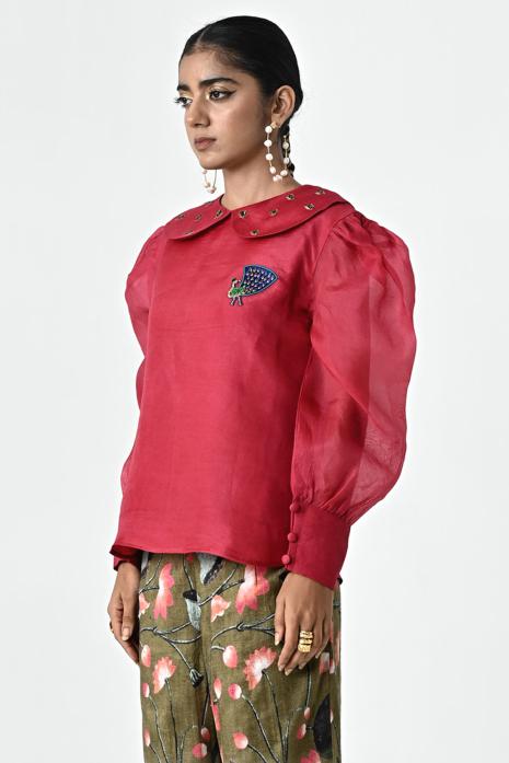 Pink coloured hand-embroidered organza fabric Top featuring Intricate Pichwai Motifs