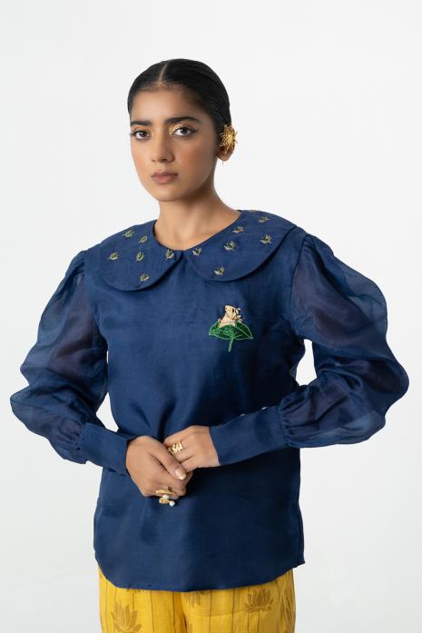 Blue coloured hand-embroidered organza fabric Top featuring Intricate Pichwai Motifs