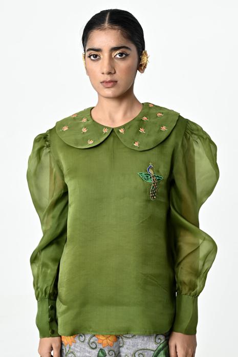 Olive Green coloured hand-embroidered organza fabric Top featuring Intricate Pichwai Motifs