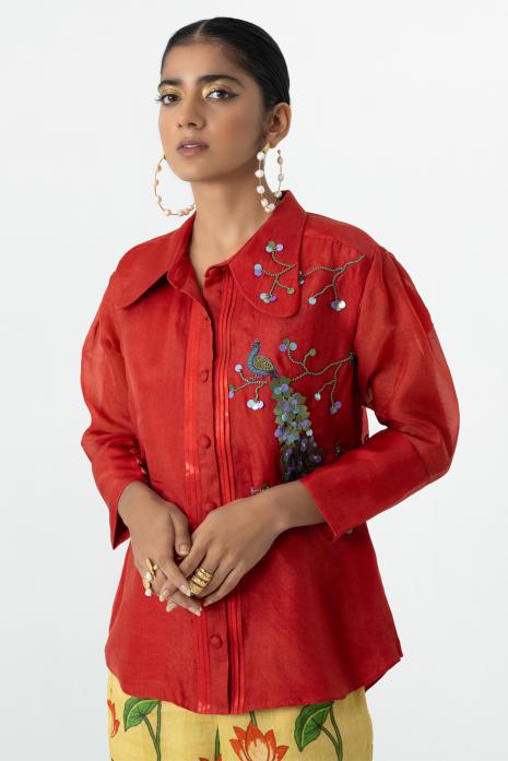 Red coloured hand-embroidered organza fabric top featuring Intricate Pichwai Motifs