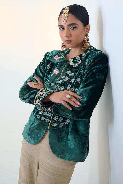 Green coloured hand-embroidered jacket on velvet fabric  featuring Intricate Pichwai Motifs