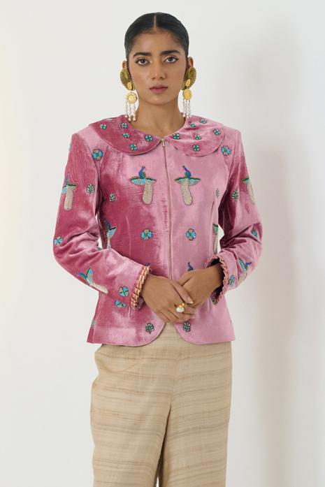 Pink coloured hand-embroidered jacket on velvet fabric  featuring Intricate Pichwai Motifs