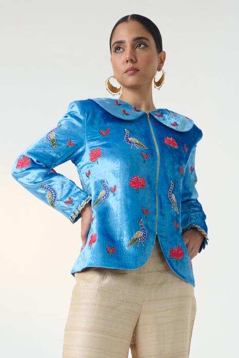 Blue coloured hand-embroidered jacket on velvet fabric  featuring Intricate Pichwai Motifs