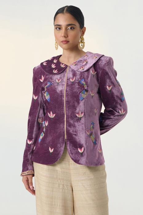 Purple coloured hand-embroidered jacket on velvet fabric  featuring Intricate Pichwai Motifs