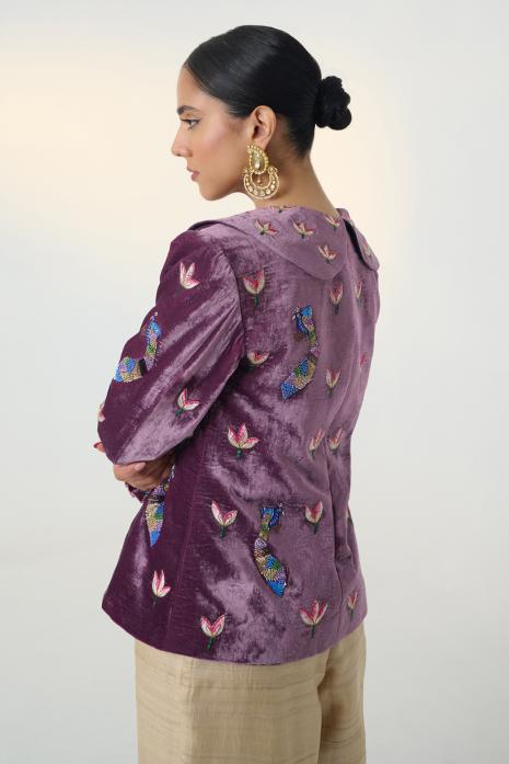 Purple coloured hand-embroidered jacket on velvet fabric  featuring Intricate Pichwai Motifs