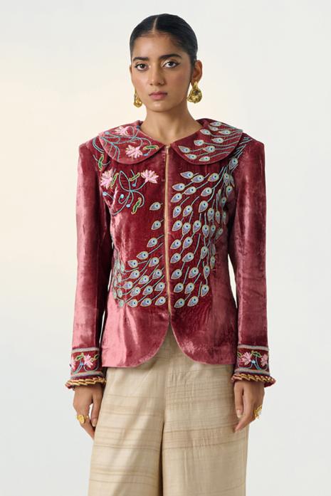 Rust coloured hand-embroidered jacket on velvet fabric  featuring Intricate Pichwai Motifs