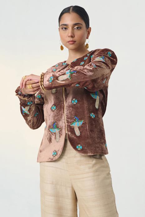 Brown coloured hand-embroidered jacket on velvet fabric  featuring Intricate Pichwai Motifs