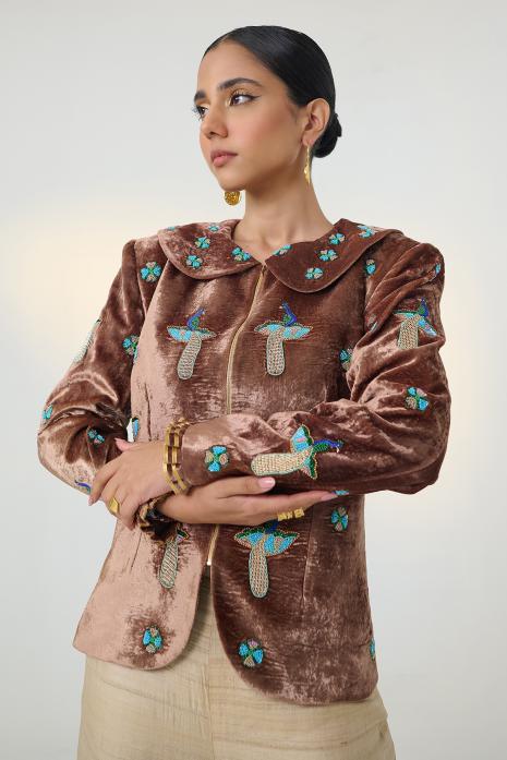 Brown coloured hand-embroidered jacket on velvet fabric  featuring Intricate Pichwai Motifs