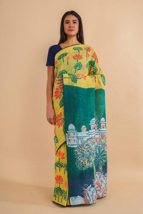 Handwoven Linen Batik Pichwai Saree
