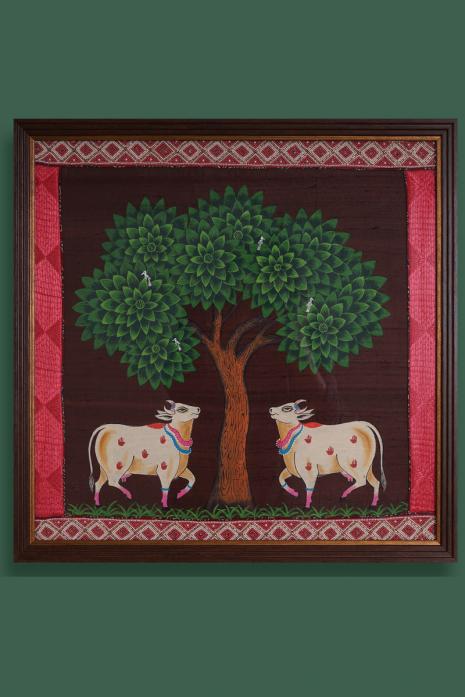 Multi Colour Traditional  Handpainted Pichwai Art Wall Painting on Raw Silk