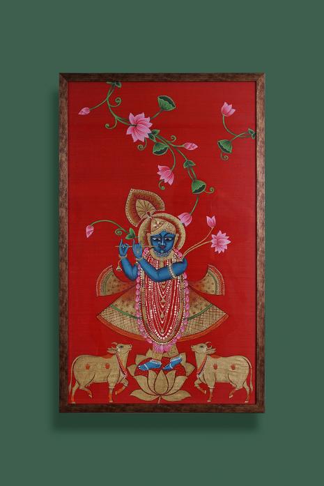 Multi Colour Traditional Handpainted Pichwai Art Wall Painting on Raw Silk