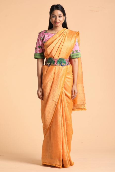 A handwoven tussar linen fabric saree in orange colour