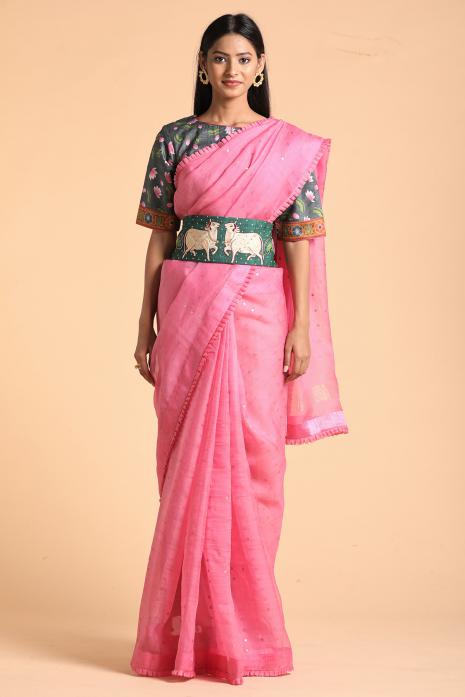 A handwoven tussar linen fabric saree in pink colour