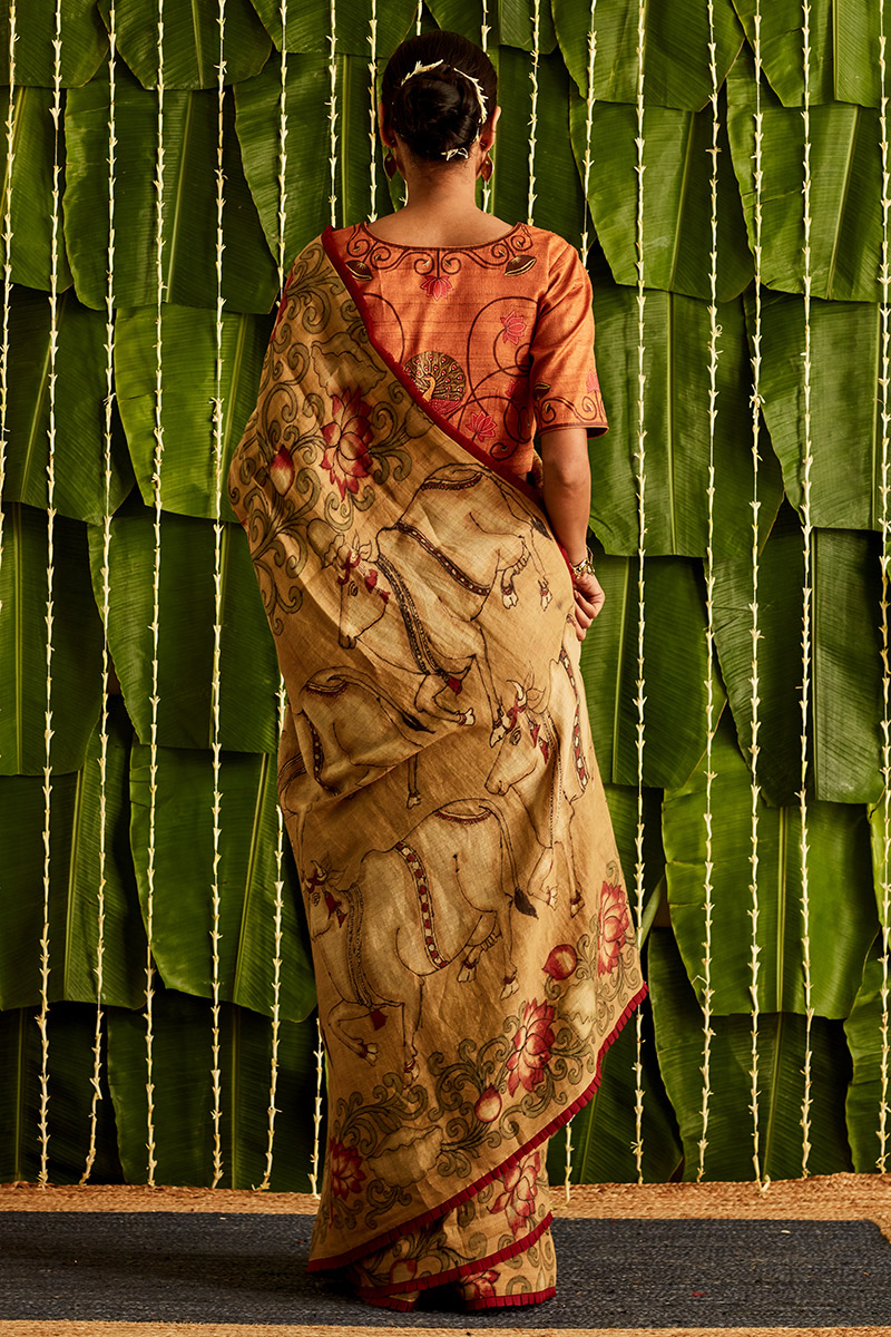 Kalamkari Design Cream And Maroon Cotton Linen Printed Saree –  shaanjcollection