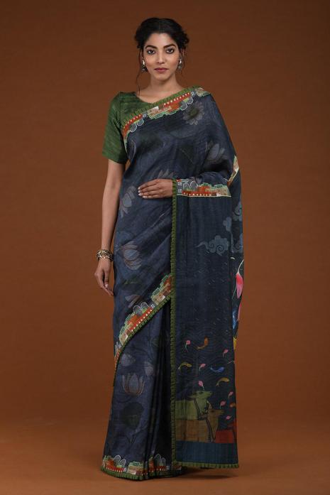 Handwoven Tussar Linen Pichwai Saree