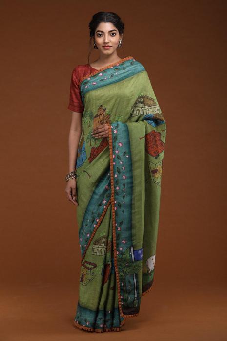 Handwoven Tussar Linen Pichwai Saree