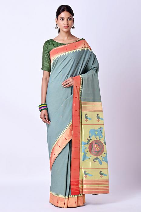 Handwoven Cotton Paithani Pichwai Saree