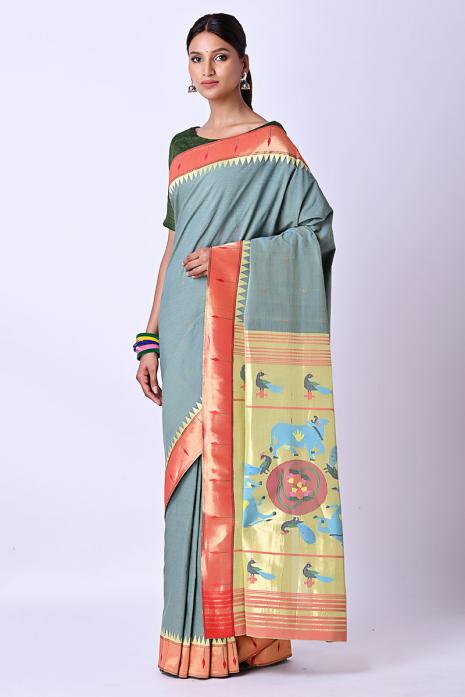 Handwoven Cotton Paithani Pichwai Saree