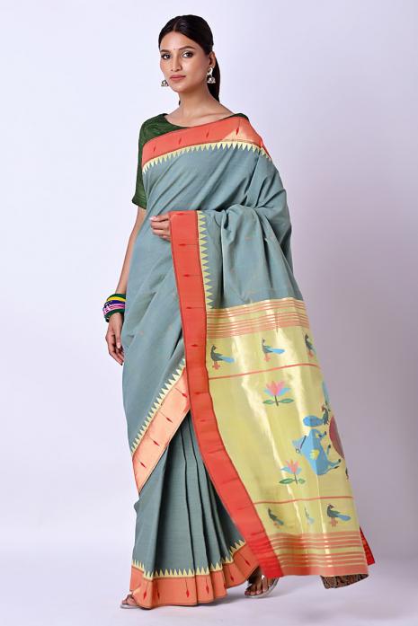 Handwoven Cotton Paithani Pichwai Saree