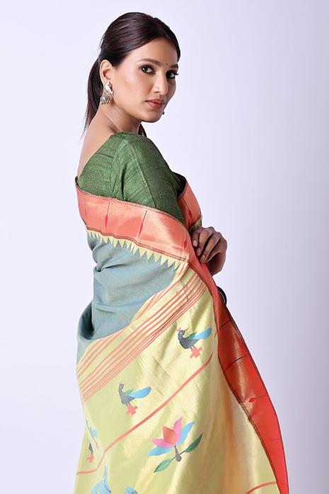 Handwoven Cotton Paithani Pichwai Saree