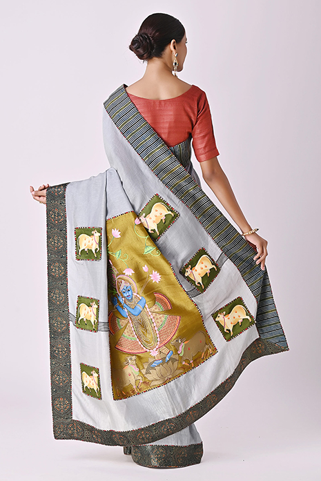 Tussar Linen Handpainted Pichwai Saree