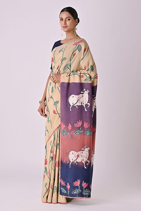 Handwoven Tussar Cotton Batik Pichwai Saree