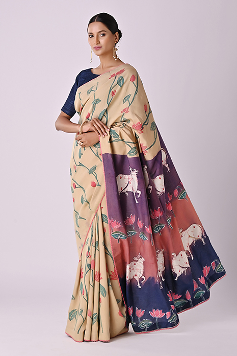 Handwoven Tussar Cotton Batik Pichwai Saree