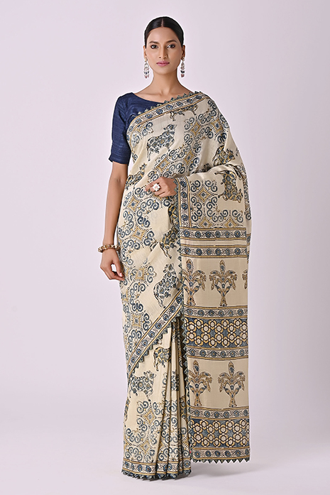 Handwoven Tussar Linen Ajrakh Pichwai Saree