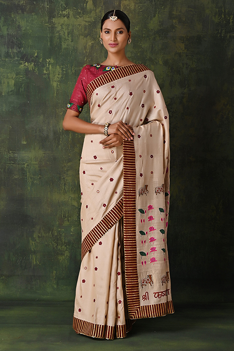 Tussar Ahir Embroidered Pichwai Saree