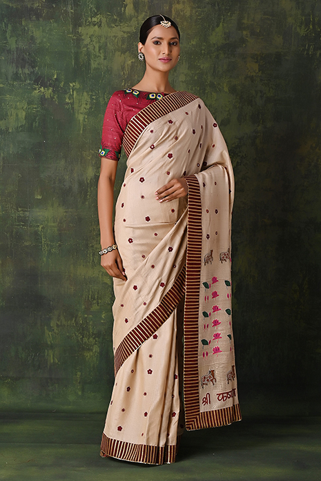 Tussar Ahir Embroidered Pichwai Saree