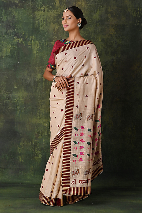 Tussar Ahir Embroidered Pichwai Saree