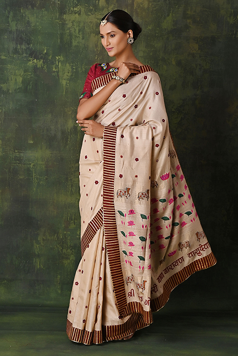 Tussar Ahir Embroidered Pichwai Saree