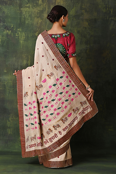 Tussar Ahir Embroidered Pichwai Saree