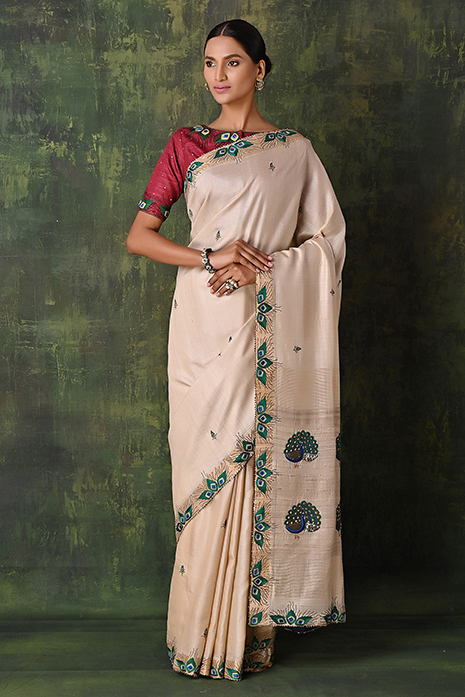 Handwoven Tussar Aari Embroidered Pichwai Saree