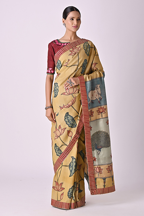 Handwoven Tussar Kalamkari Pichwai Saree