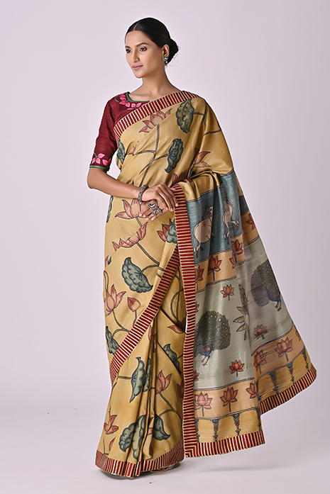 Handwoven Tussar Kalamkari Pichwai Saree