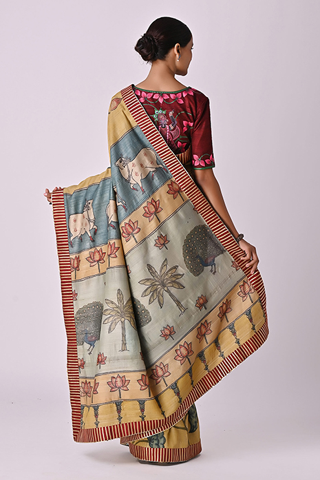 Handwoven Tussar Kalamkari Pichwai Saree